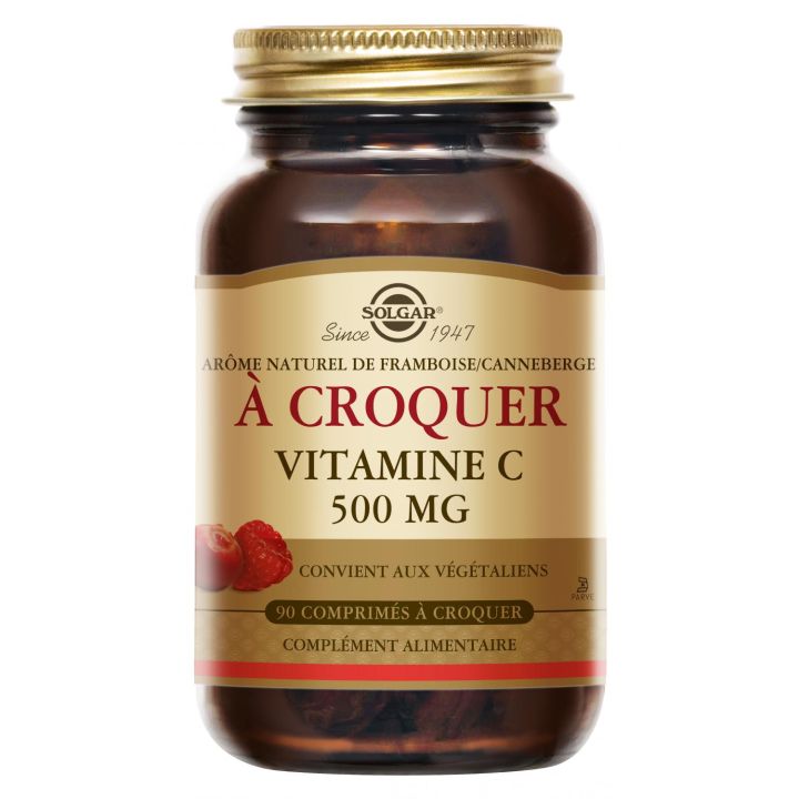 Vitamine C 500 goût framboise/cranberry Solgar - pot de 90 comprimés à croquer