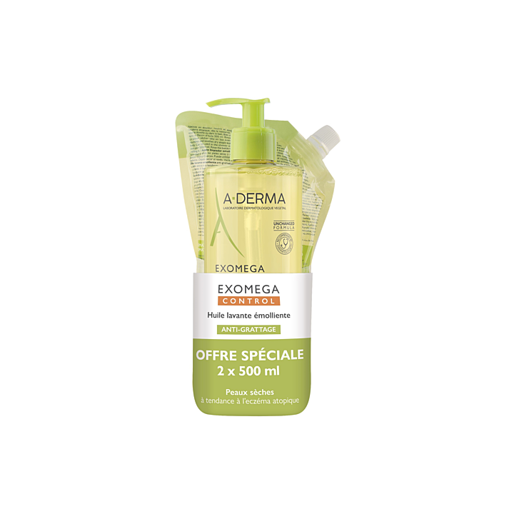 Exomega Control Huile lavante émolliente anti-grattage A-derma - flacon-pompe et recharge de 500ml