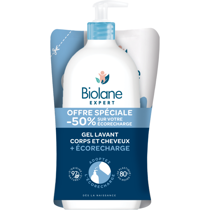 Gel lavant corps et cheveux + eco-recharge Biolane - flacon-pompe et recharge de 500ml
