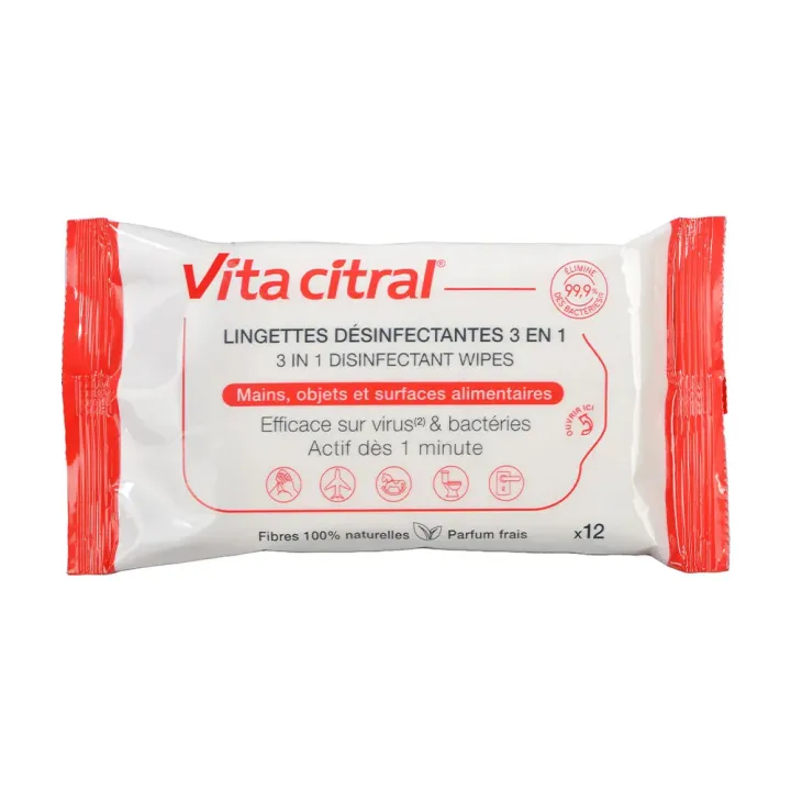 Lingettes désinfectantes 3 en 1 Vita Citral - paquet de 12 lingettes 