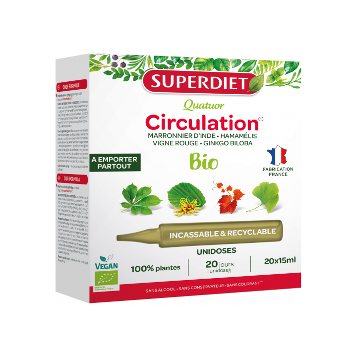 Quatuor Circulation bio Superdiet - boîte de 20 unidoses de 15ml
