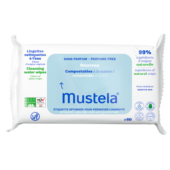 Lingettes nettoyantes compostables sans parfum Mustela - sachet de 60 lingettes