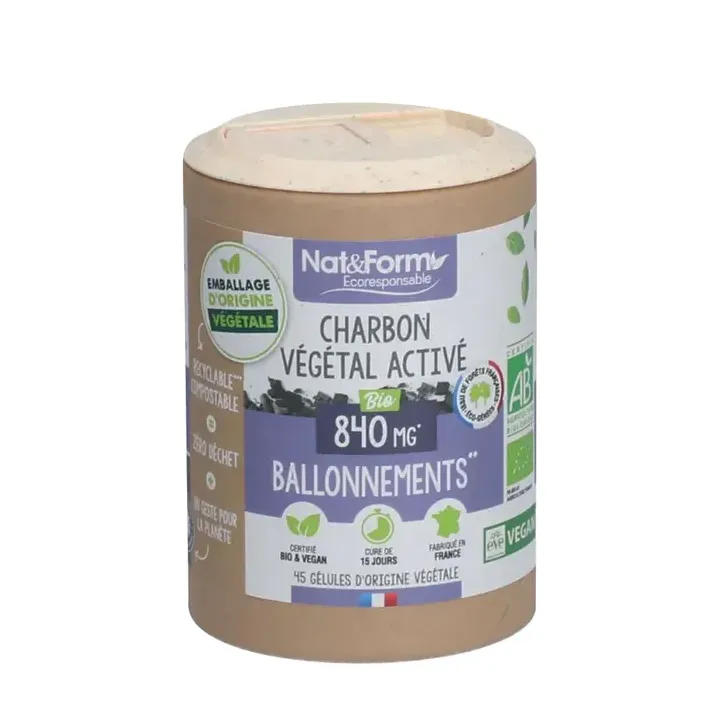 Charbon végétal activé bio confort digestif Nat&Form - boîte de 45 gélules