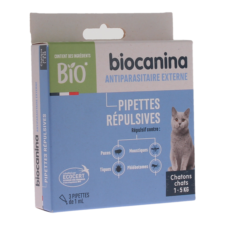 Pipettes répulsives antiparasitaire externe chat 1 à 5kg Biocanina - boite de 3 pipettes de 1ml