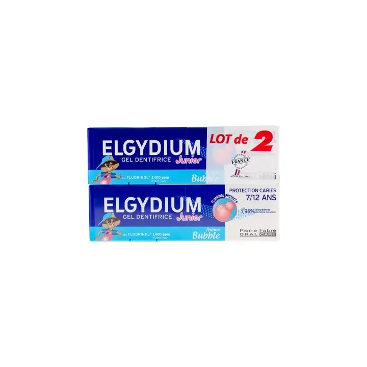 Dentifrice au fluorinol 7-12 ans goût bubble Elgydium Junior - lot de 2 tubes de 50ml