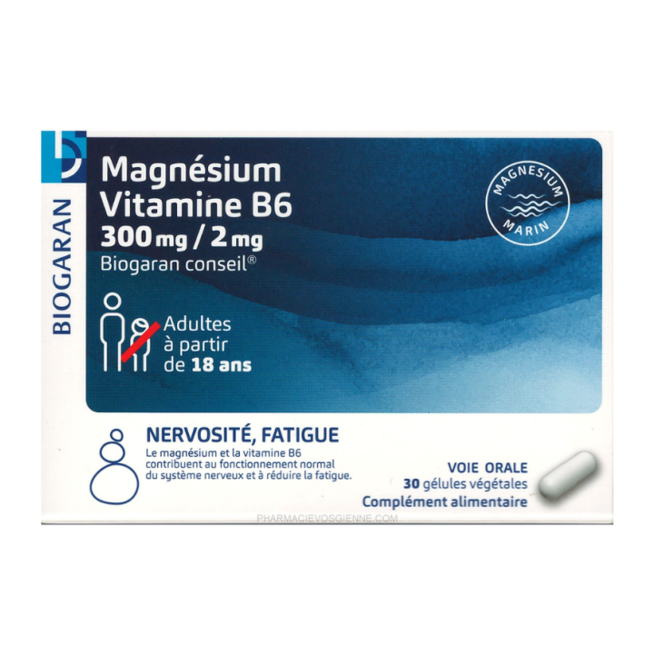 Magnésium vitamine B6 300mg/2mg Biogaran - boite de 30 gélules 