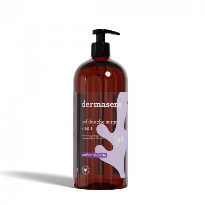 Gel douche surgras 3 en 1 parfum violette Dermasens Marque Verte - flacon-pompe de 1L