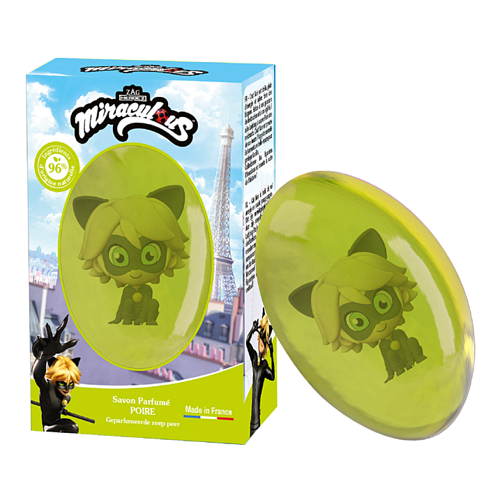Savon solide Poire figurine Chat Noir Le Comptoir du Bain x Miraculous - pain de 75g