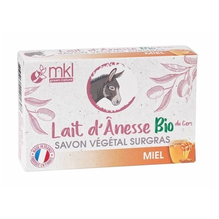 Savon végétal surgras au lait d'ânesse bio Miel MKL Green Nature - pain de 100g