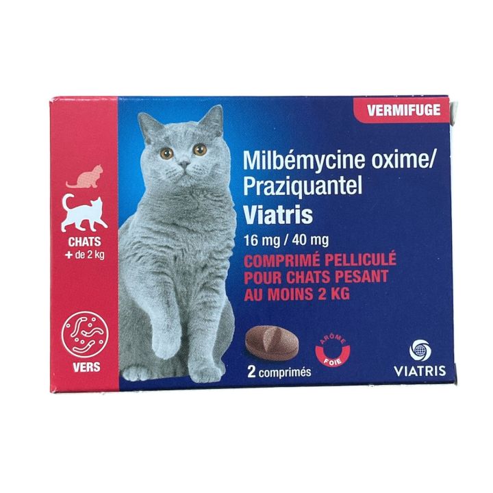Milbémycine Praziquantel Vermifuge chat +2kg arôme foie Viatris - boite de 2 comprimés