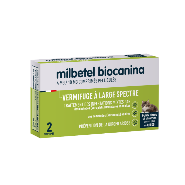 Milbetel vermifuge petis chats et chatons 4mg/10mg Biocanina - boite de 2 comprimés