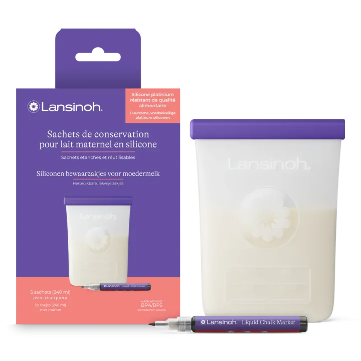 Sachets de conservation pour lait maternel en silicone Lansinoh - boîte de 5 sachets de 240ml