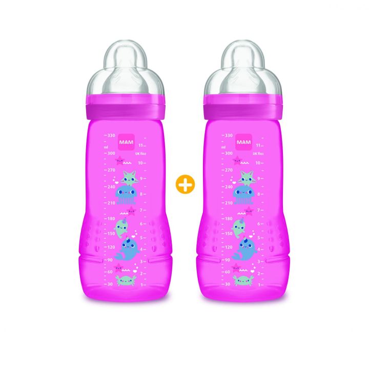 Biberon rose Easy active 2 ème âge 6 mois + Mam - 2 biberons de 330 ml