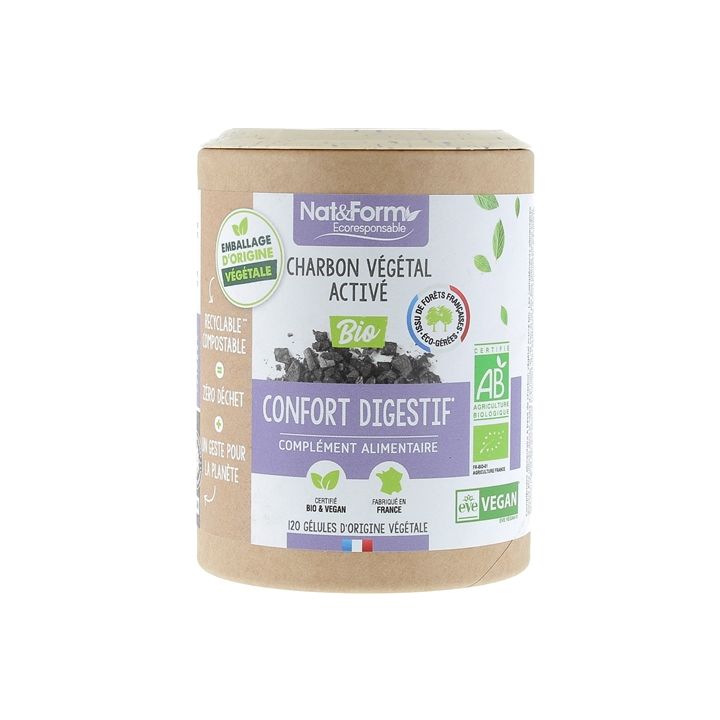 Charbon végétal activé bio confort digestif Nat&Form - boîte de 120 gélules