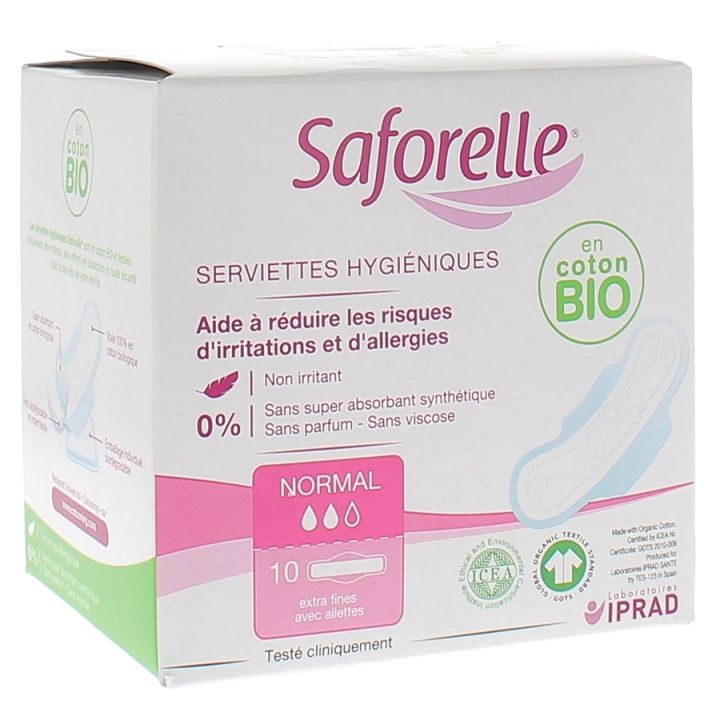 Coton protect serviettes hygiéniques extra fines avec ailettes Saforelle - boite de 10 serviette hygiéniques
