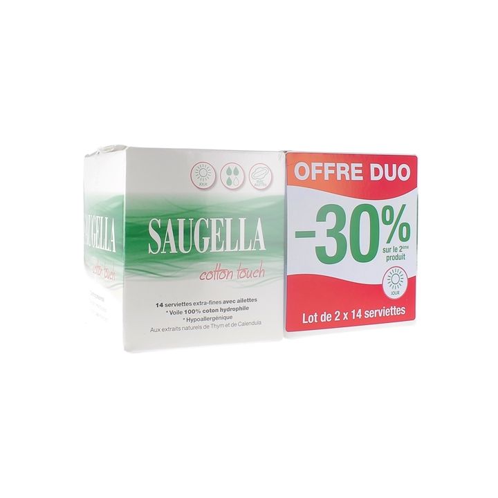 Cotton Touch Serviettes extra-fines avec ailettes jour Saugella - lot de 2 boîtes de 14 serviettes