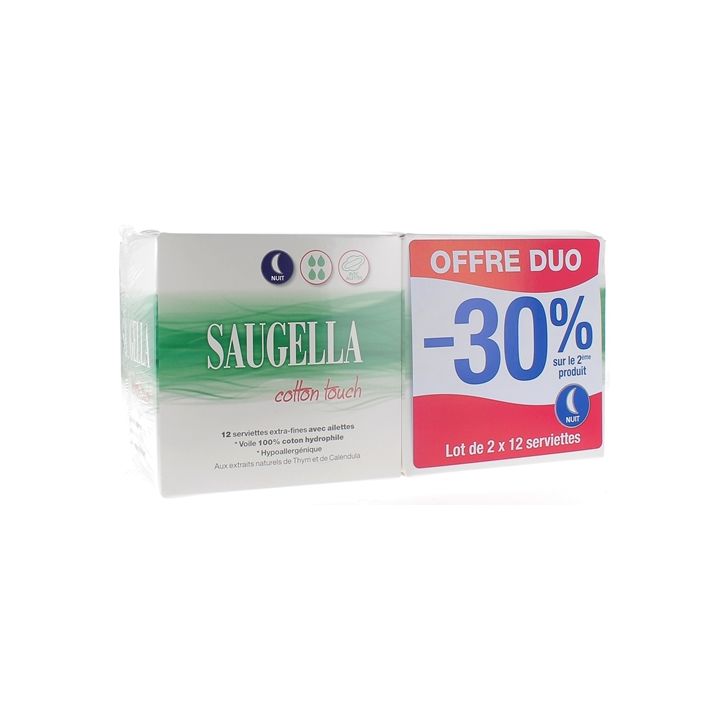 Cotton Touch Serviettes extra-fines avec ailettes nuit Saugella - lot de 2 boîtes de 12 serviettes
