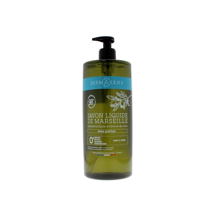 Dermasens Savon liquide de Marseille sans parfum Marque Verte - flacon-pompe de 1L