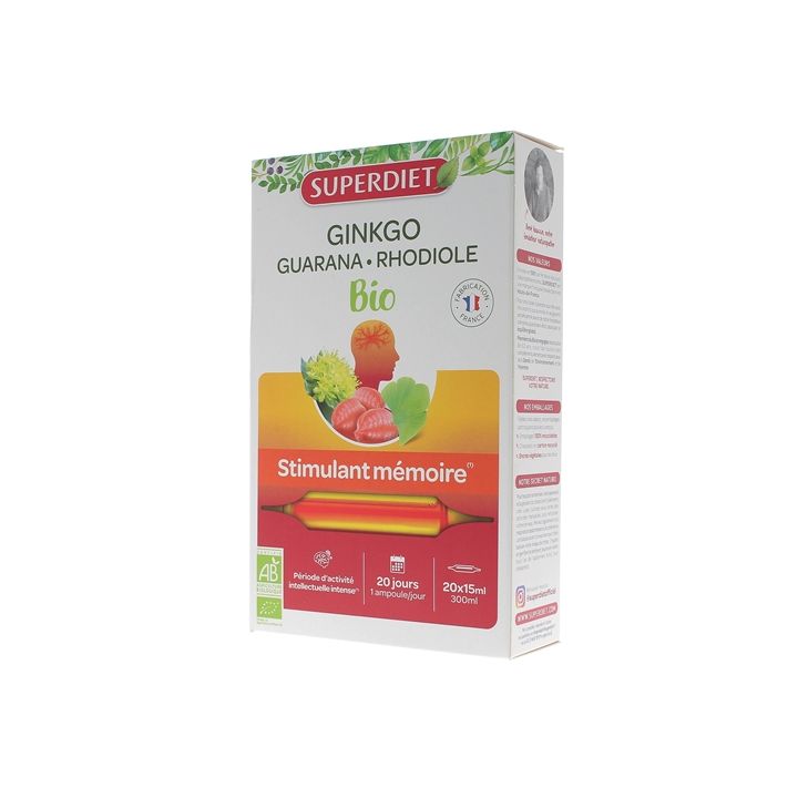 Ginkgo guarana rhodiole bio stimulant mémoire Super Diet - boîte de 20 ampoules