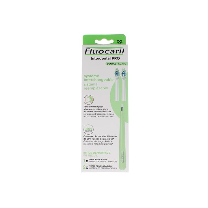 Interdental Pro Système interchangeable souple Kit de démarrage Fluocaril - boîte de 1 manche durable + 2 têtes remplaçables