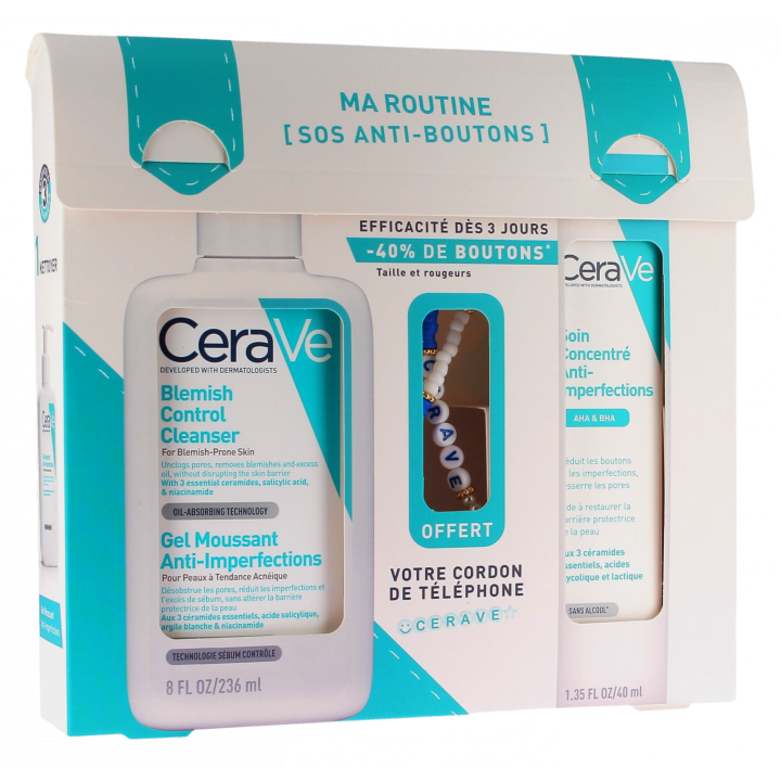 Ma routine SOS anti-boutons Cerave - lot de 2 produits + un cordon de téléphone offert