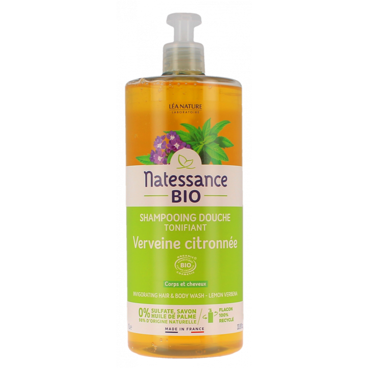 Shampooing douche tonifiant bio verveine citronnée Natessance - flacon-pompe de 1L