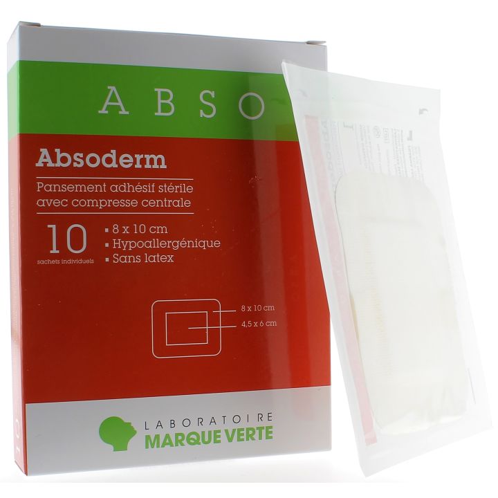 Absoderm Pansement adhésif stérile avec compresse centrale 8x10 cm Marque Verte - boîte de 10 sachets individuels