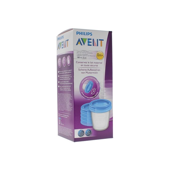 Pots de conservation lait maternel réutilisables 0 mois et + Avent - boîte de 5 pots de 180 ml