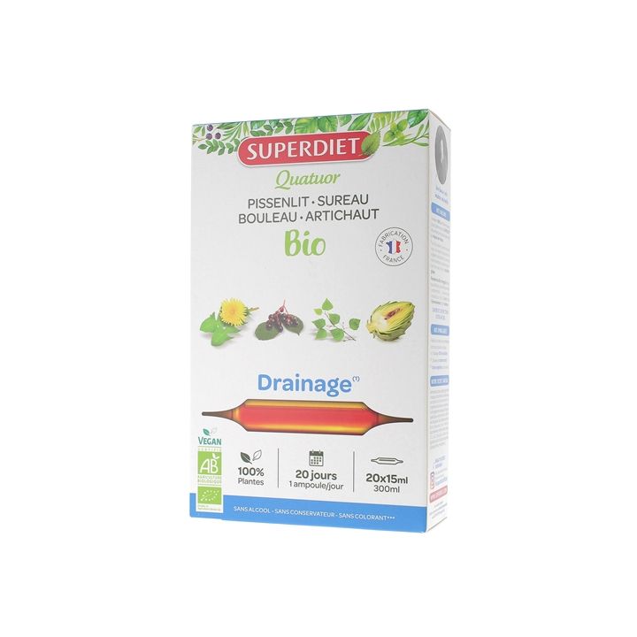 Quatuor BIO Drainage : pissenlit, sureau, bouleau, artichaut Super Diet - 20 ampoules