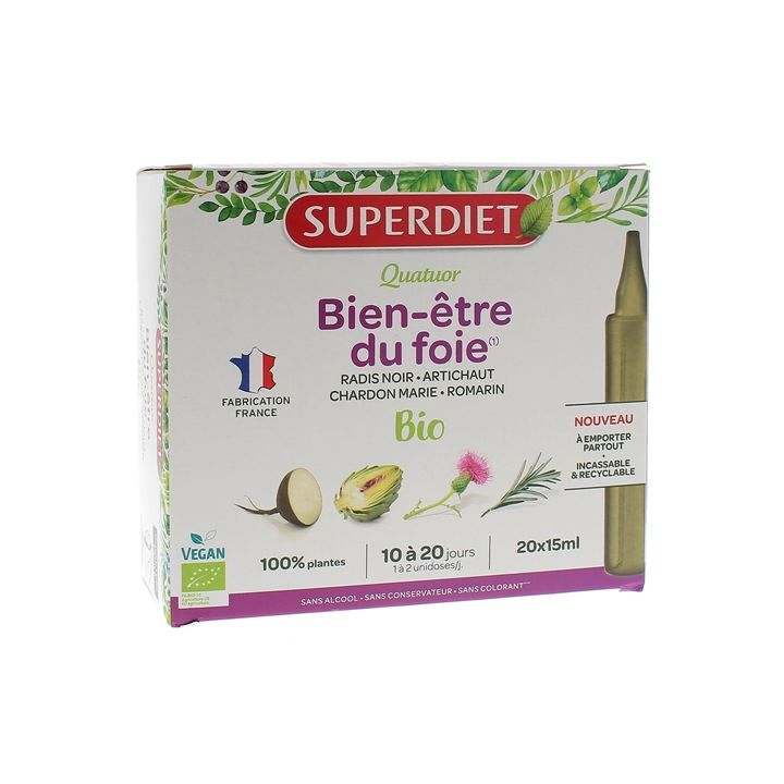 Quatuor Bien-être du foie bio Superdiet - boîte de 20 unidoses de 15ml