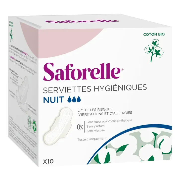 Serviettes hygiéniques nuit en coton bio Saforelle - boîte de 10 serviettes