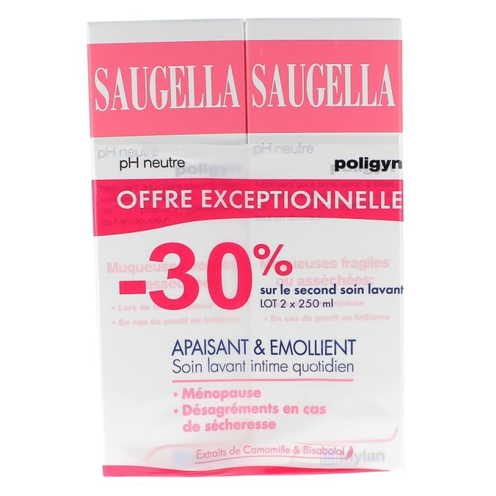 Soin lavant intime quotidien apaisant et émollient Saugella - lot de 2 flacons de 250 ml
