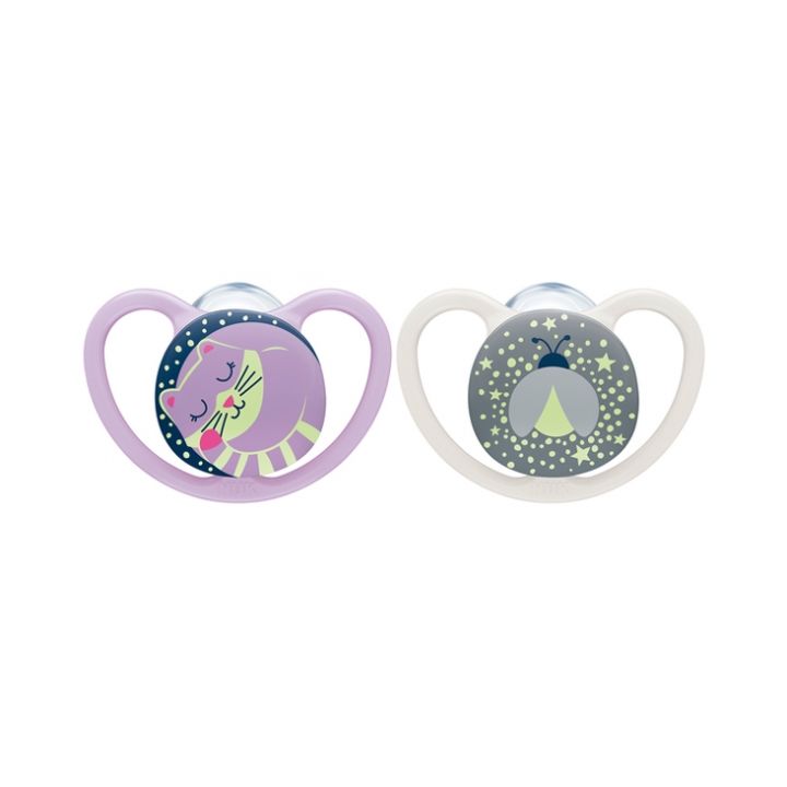 Space Night Sucettes silicone 0-6 mois NUK - lot de 2 sucettes phosphorescentes