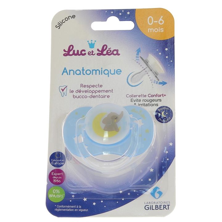Sucette silicone anatomique avec anneau nuit 0-6 mois Luc et Léa - une sucette