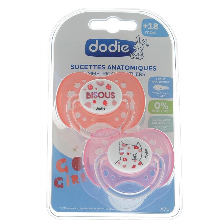 Sucettes anatomiques silicone 18 mois et + Go Girl Dodie - 2 sucettes