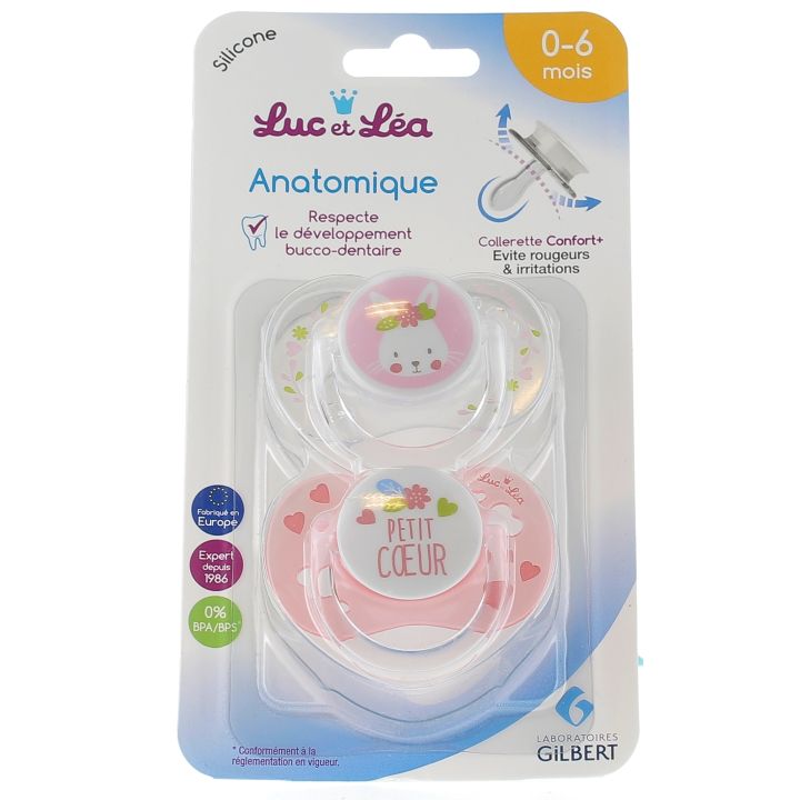 Sucettes Silicone Anatomiques avec anneau 0-6 mois modèle Lapin/ Coeur Luc et Léa - 2 sucettes