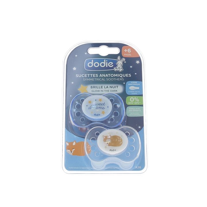 Sucettes anatomiques +6 mois spéciales nuit Dodie - lot de 2 sucettes