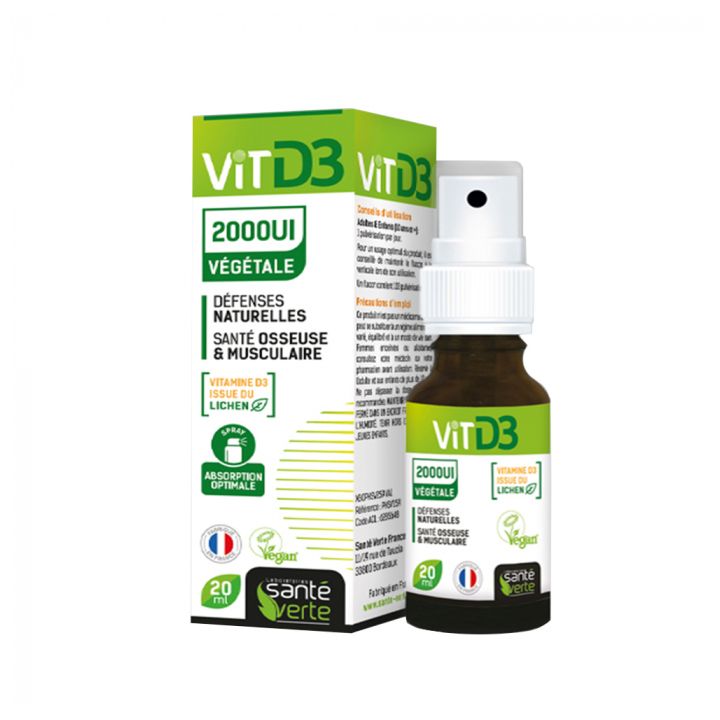 Vitamine D3 végétale 2000 UI défenses naturelles Santé Verte - spray de 20ml