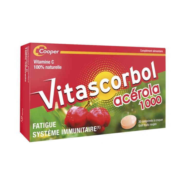Vitascorbol Acérola 1000 goût fruits rouges - boite de 30 comprimés à croquer