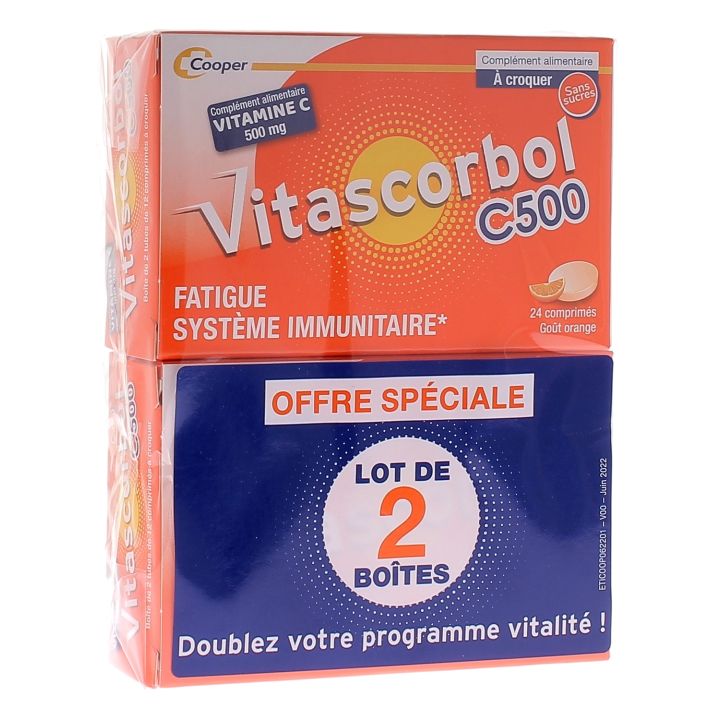 Vitascorbol Vitamine C sans sucre 500 mg - lot de 2 boîtes de 24 comprimés