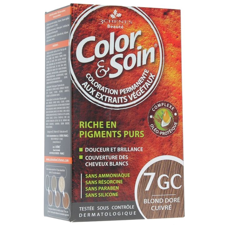 Color & soin coloration permanente Blond doré cuivré 7GC Les 3 chênes - 1 kit