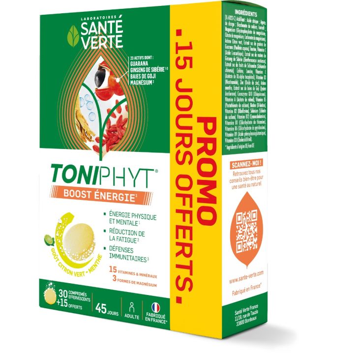 Toniphyt boost goût citron vert menthe Santé verte - 30 comprimés effervescents + 15 gratuits
