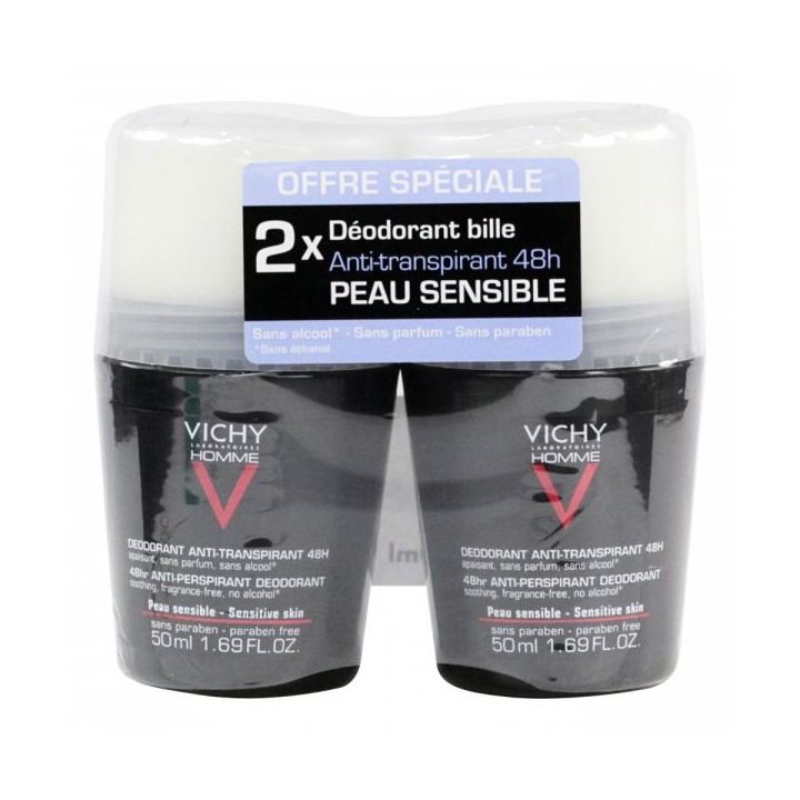 Déodorant anti-transpirant 48h peau sensible Vichy homme - 2 flacons bille de 50 ml