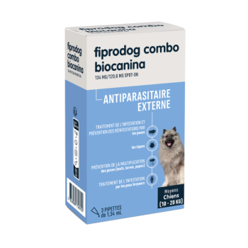 Fiprodog combo 134 mg/120,6 mg antiparasitaire externe moyens chiens (10-20kg) Biocanina - boîte de 3 pipettes de 1,34ml
