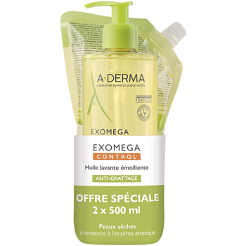 Exomega Control Huile lavante émolliente anti-grattage A-derma - flacon-pompe et recharge de 500ml