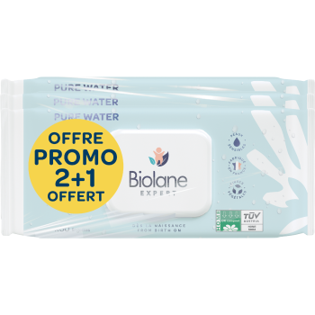 Lingettes Pure Water Biolane - lot de 3 x 60 lingettes