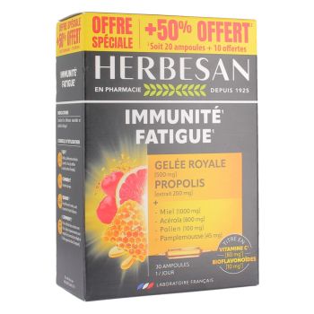 Système immunitaire réduction de la fatigue Herbesan - Boite de 20 ampoules + 10 offertes