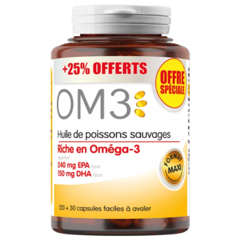 OM3 Huile de poisson sauvage Super Diet - offre spéciale +25% offerts 120+130 capsules