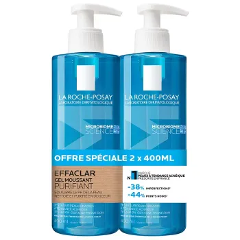 Effaclar gel moussant purifiant La Roche-Posay - lot de 2 flacons-pompes de 400ml offre spéciale