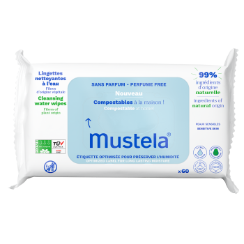 Lingettes nettoyantes compostables sans parfum Mustela - sachet de 60 lingettes